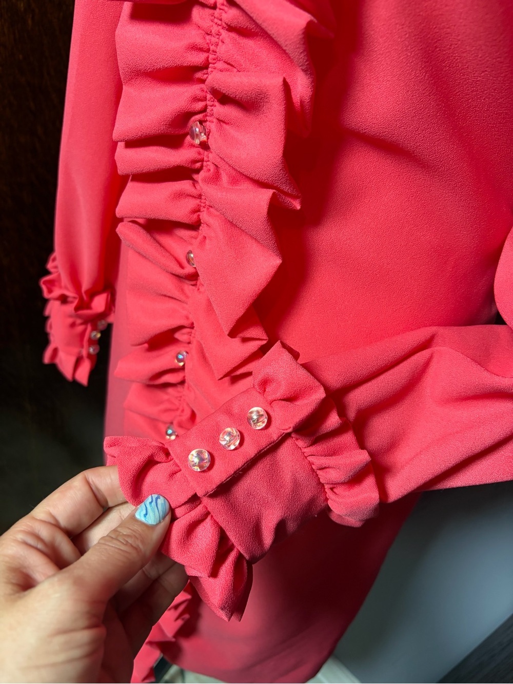60’s Vintage Handmade Coral Ruffle-Front Long Sleeve Dress - Picture 3 of 11
